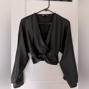 Zara Satin Bell Sleeve Crop Top Black Size Small